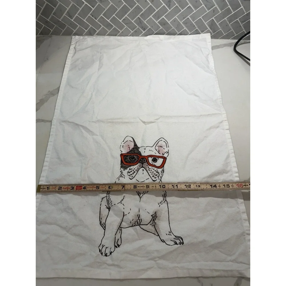 West Elm Tea Towel French Bulldog W Glasses 16x25 In Cute Dog Lover Kitchen